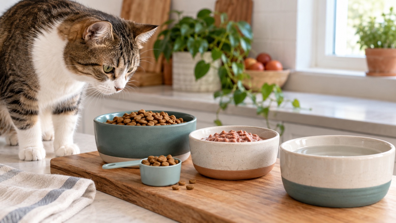 Gato junto a comida seca, comida humeda, agua y una taza medidora en una cocina luminosa