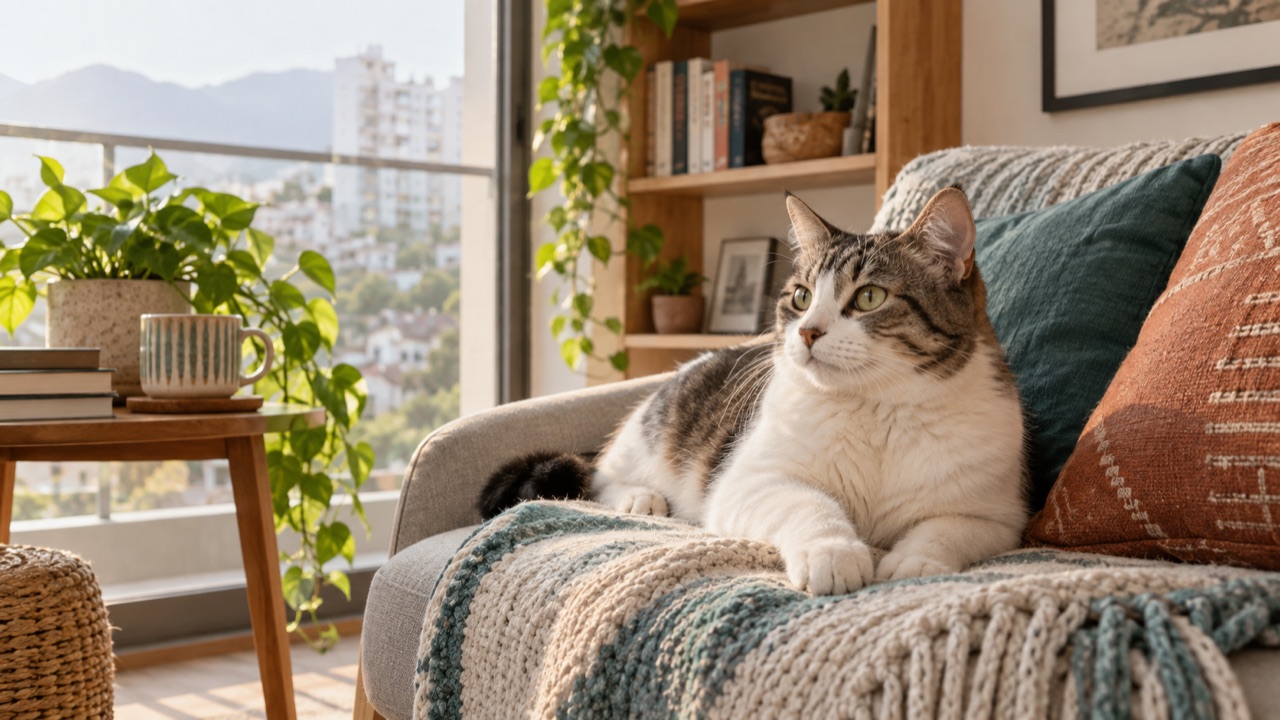 Gato alerta descansando en un departamento luminoso